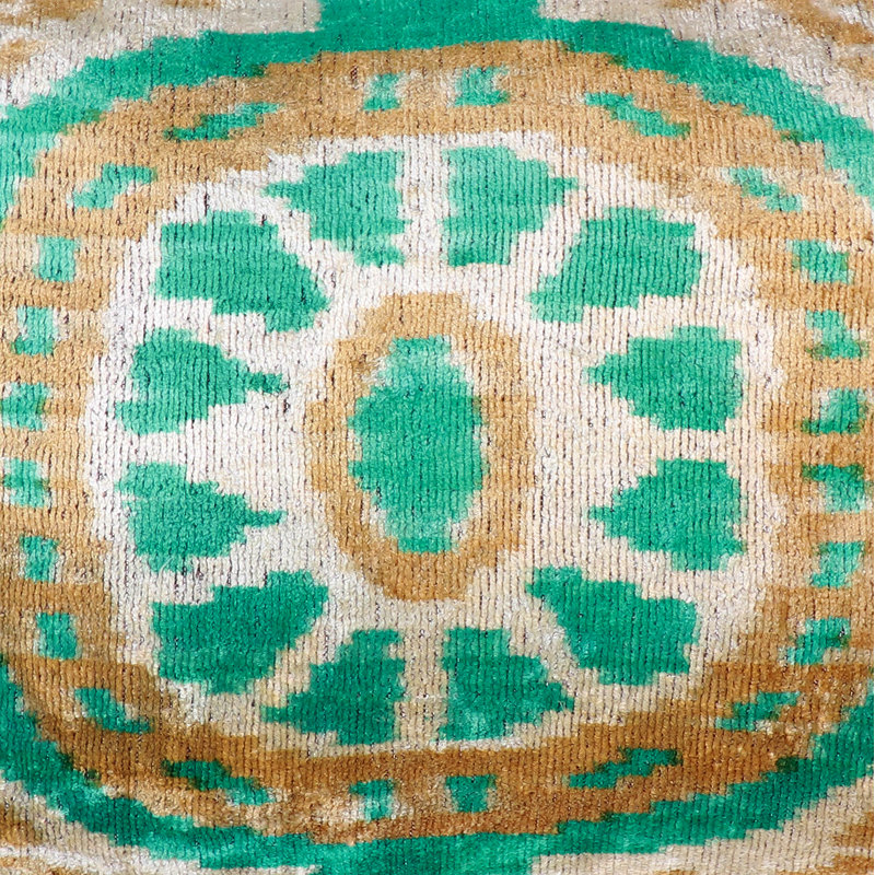 Green and Beige Ikat Embroidered Rectangular Velvet Pillow