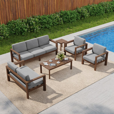 Solid Wood Outdoor Seven-person Patio Set With Cushions And Two Tables