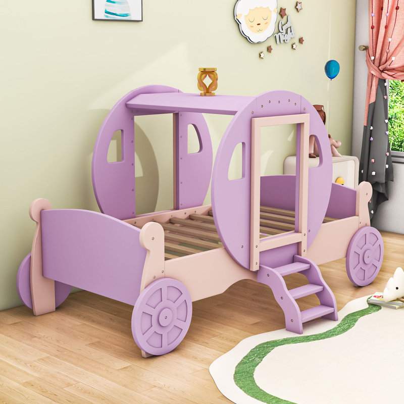 Twin Wooden Platform Bed With Stair, Princess Carriage Design, Purple/Pink
