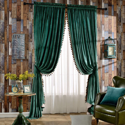 Luxury Pom Poms Velvet Curtains , Vintage Room Darkening Rod Pocket Window Decorative Drapes, 52" W X 84" L, Antique Green (2 Panels)