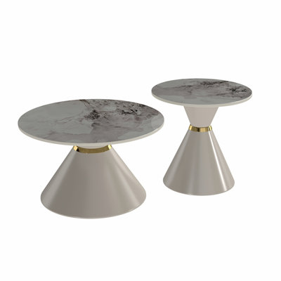 Ensemble de 2 tables basses rondes gigognes, tables basses à plateau en pierre frittée avec piédestal kaki et anneau décoratif doré, tables d'appoint modernes et luxueuses pour petit salon