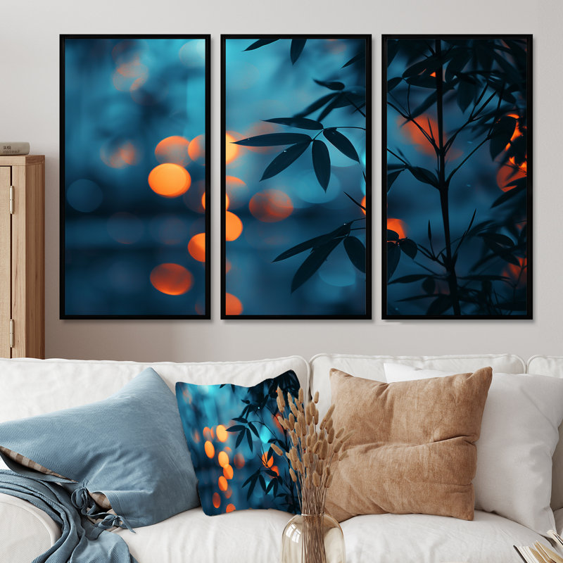 Ensemble de décorations murales en bambou orange et bleu Nirvana, H 28 po x l 36 po, Cadre flottant noir