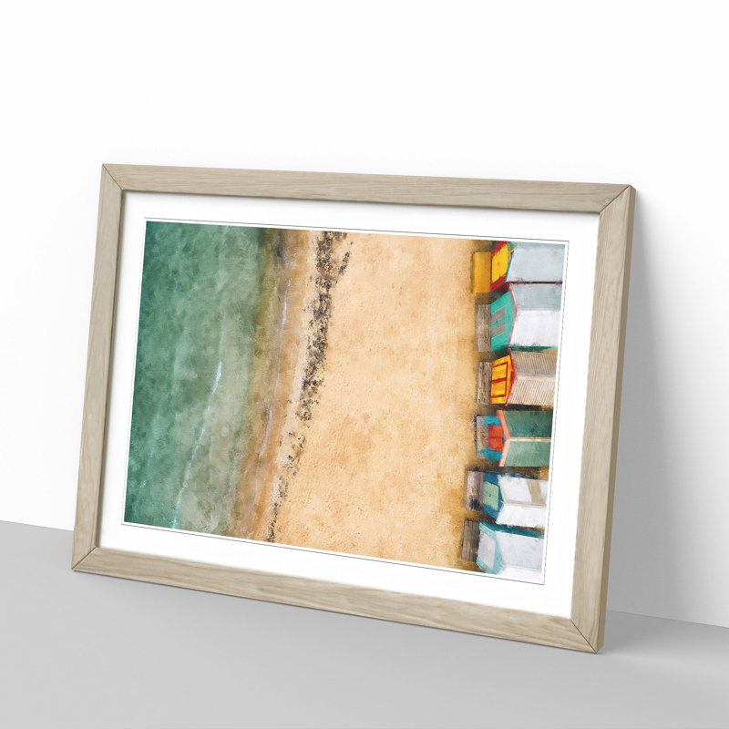 Beach Huts on Brighton Beach 1 Piece Single Picture Frame Painting on MDF, 45cm H x 63cm W x 2cm D, Oak