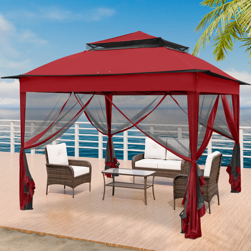 11 Ft. W x 11 Ft. D Outdoor Pop Up Soft Top Steel Patio Gazebo with Netting, Red