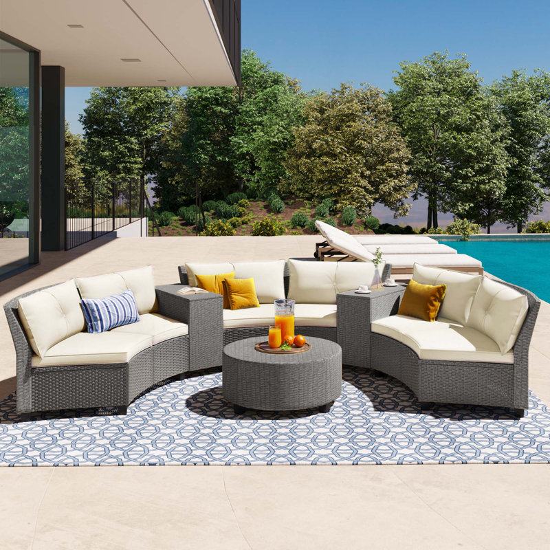 Ensemble de combinaison en rotin pour 6 personnes avec coussins et table, adapté au jardin, Beige, Gris