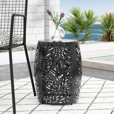Asbel Modern Outdoor Metal Cylindrical Accent End Table with Iron Cut Design for Patio, Balcony & Garden