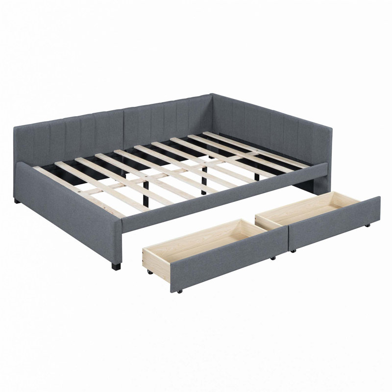 Full size upholstered daybed with 2 storage drawers sofa bed frame no box spring needed, linen fabric, Gris