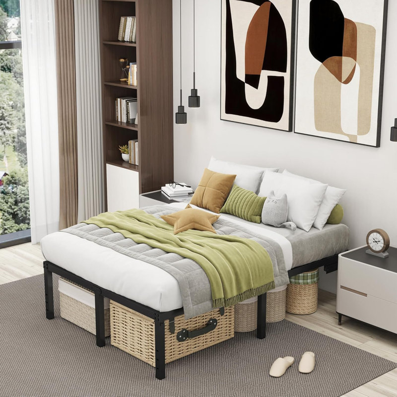 Base de lit plateforme de 14 pouces avec lumières DEL Station de charge Base de matelas en métal noir Aucun sommier nécessaire grand espace de rangement anti-bruit