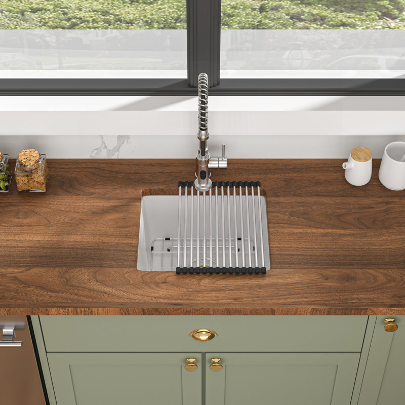 Undermount Kitchen Sink Quartz Single Bowl Kitchen Bar Sink with Roll Up Rack, Blanc / Doré, L 18 po x l 16 po