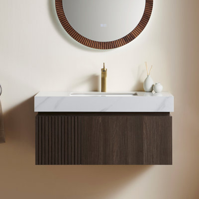 Muri 36" Bathroom Vanity&Sink, Floating Plywood Storage Cabinet With Drawer&Door, Carrara White Sintered Stone Top&Ceramic Basin With 1 Pre-Drilled Faucet Hole, Pre-Assembled, Espresso Woodgrain