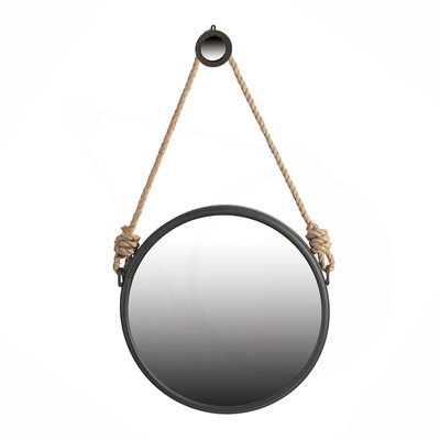 Handsome Cleveland Mirror With Rope Strap Contemporary Design Circle Mirror With Round Metal Frame For Wall Decor Bathroom, Entryway