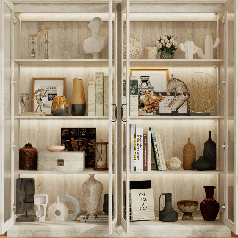 68'' W Gray Oak Glass Display Bookcase With 4 Clear Glass Doors & LED Lighting