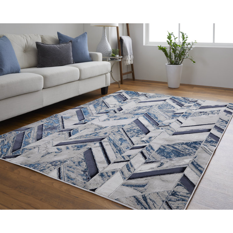 Blue and Gray Geometric Synthetic 4' x 6' Area Rug