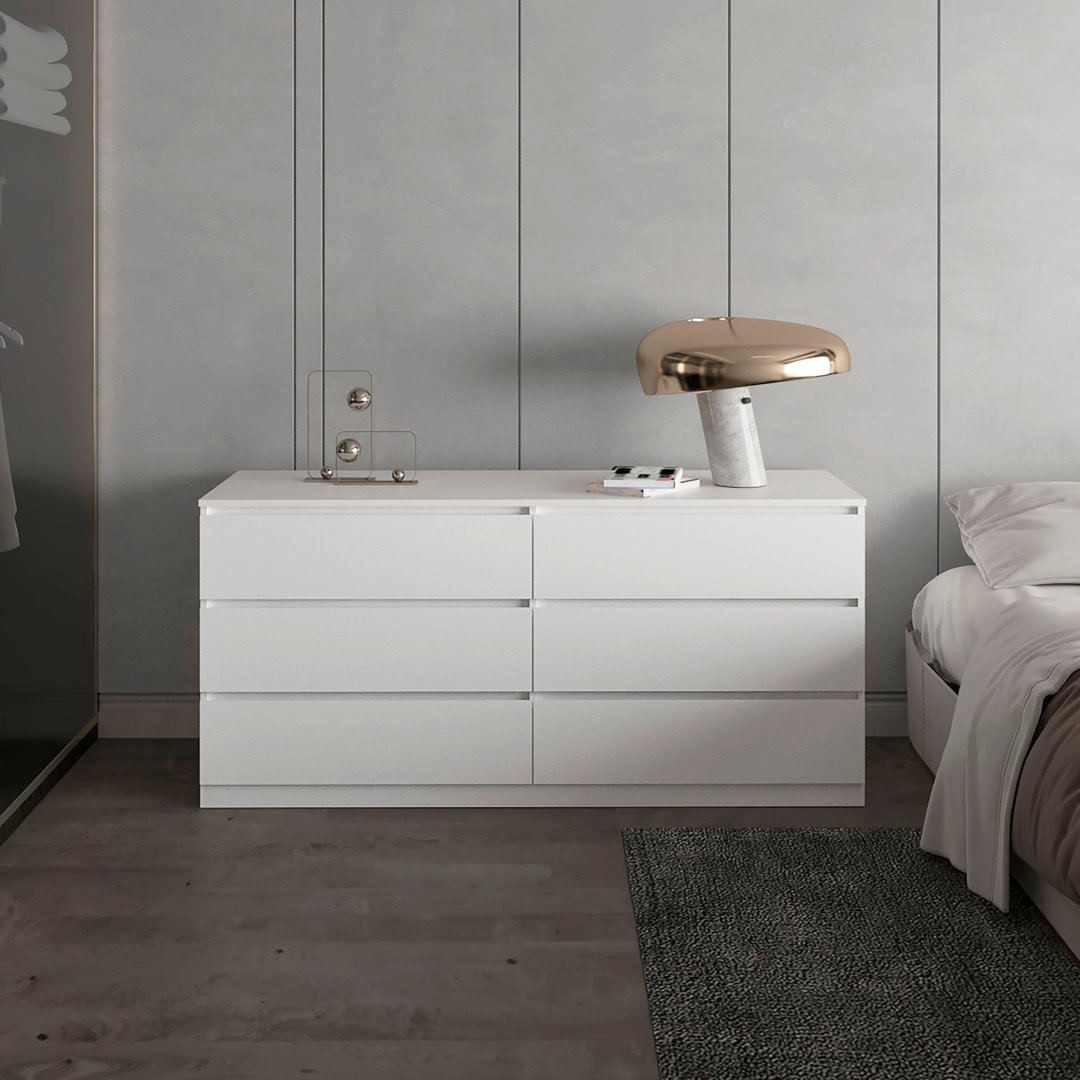 Asteria double dresser in melamine, six drawers with metal rails.