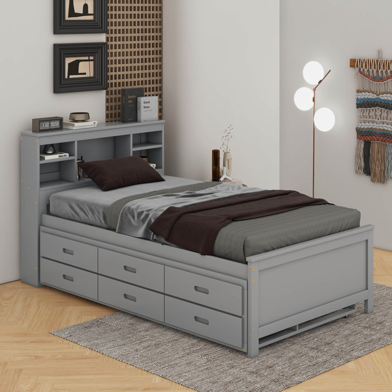 Lit plateforme avec tête de lit, USB, lit gigogne et tiroirs, Gris, Lit simple