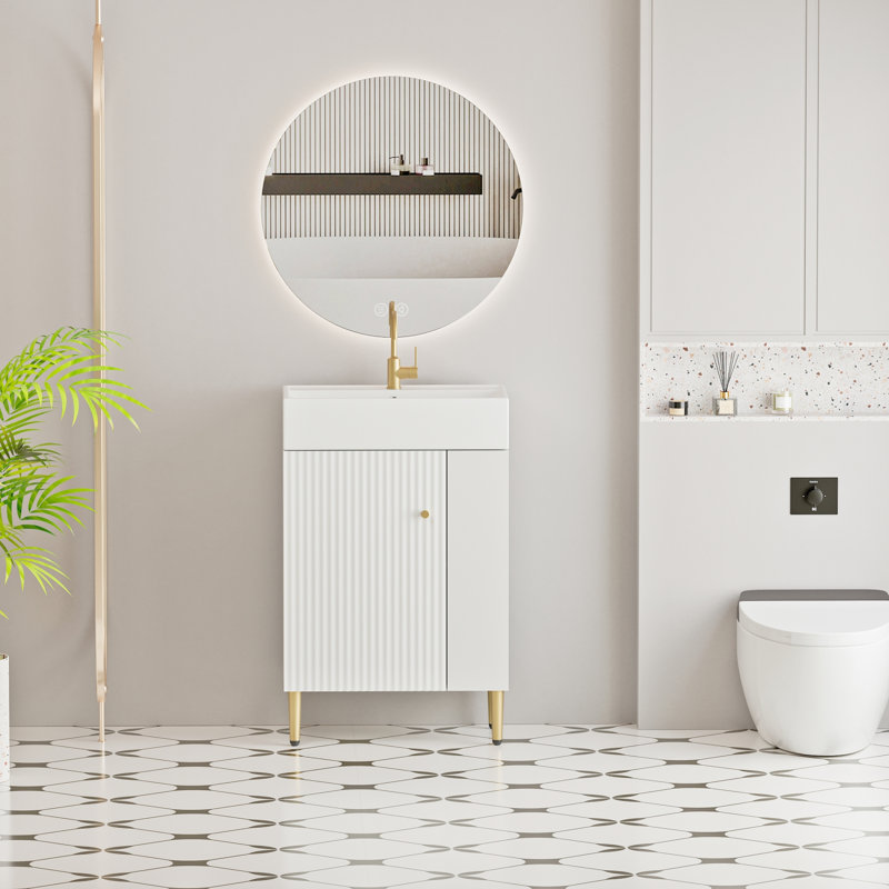 21.6" Bathroom Vanity with Soft-Close Door, Ceramic Sink & Open Storage Shelf, White/White