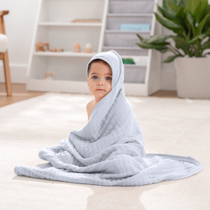 Slate Grey Hooded Baby Towel Set - 100% Muslin Cotton, 32 x 32 Inch
