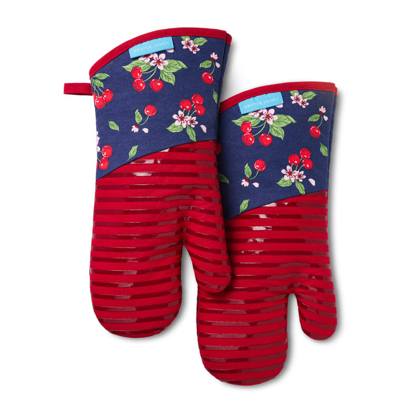 Ensemble de 2 mitaines de cerisier DRAPER, résistantes à la chaleur et antidérapantes en silicone, bleu marine / rouge, 7 po x 14 po