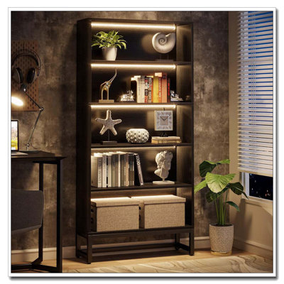 70.87" Black 5-Tier LED Library Bookshelf With Heavy Duty Storage