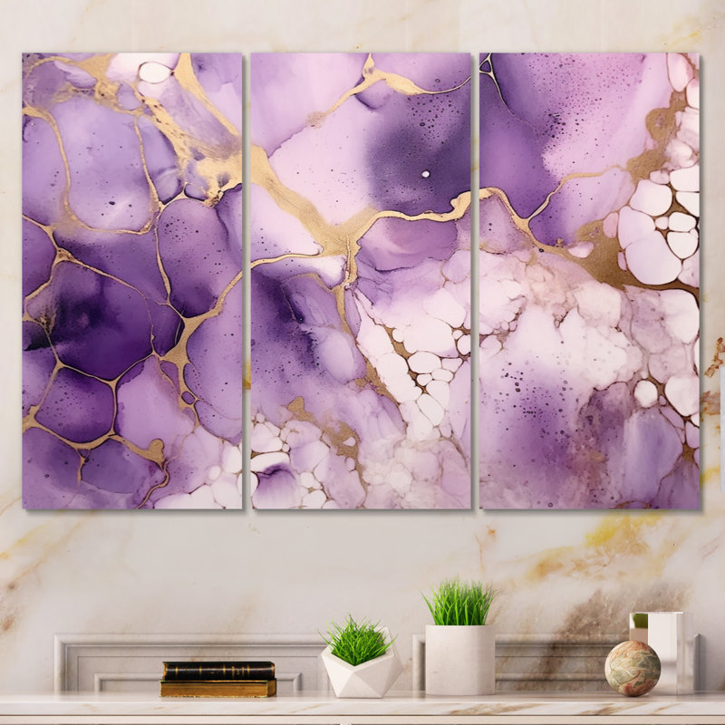 Impression sur toile mauve et dorée sur fond de nuages d'encre VII sur toile 3 pièces, H 40 po x l 60 po x P 1 po