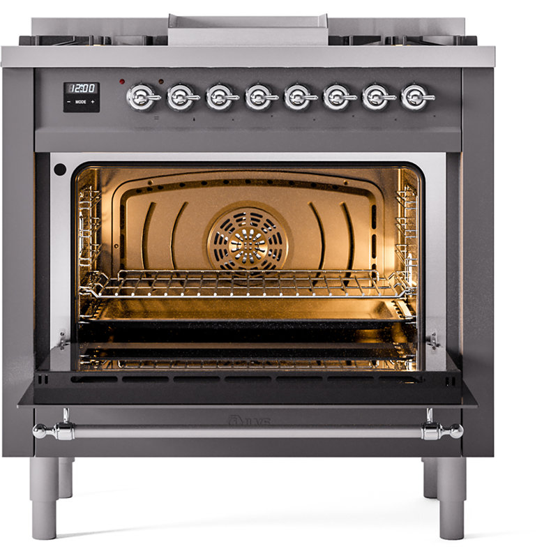 ILVE Nostalgie II 36 Dual Fuel Range, knobs, Graphite Matte/Chrome, Liquid Propane