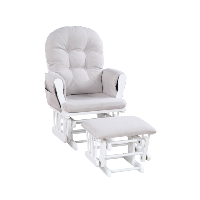 Cleo Wooden Glider and Ottoman, White Wood, Brown Polyester