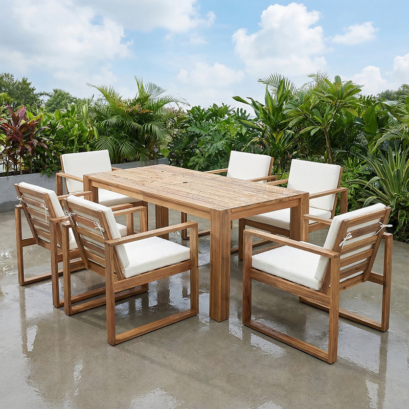 Rustic Patio Table And Chairs Set For 6 - Outdoor Dining Furniture With Umbrella Hole, Durable Wooden Frame, Cushions Included