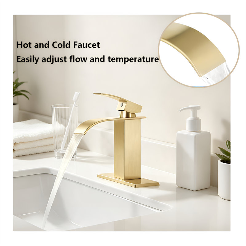 Robinet de lavabo cascade à poignée unique, en acier inoxydable 304 avec bonde escamotable, plaque de montage de 15 cm pour installation à 1 ou 3 trous, entraxe de 10 cm.