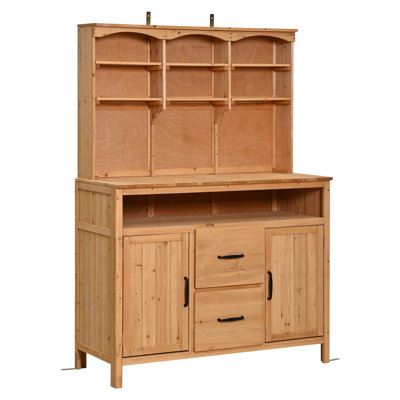 Large Fir Wood Potting Bench,45.3''L Multi-Functional Outdoor Patio Kitchen Island with Hutch, Cabinets,Drawers & Hooks ,Large Countertop for Gardening, Grill, Natural Wood