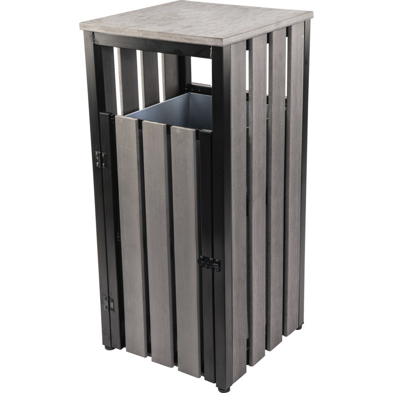 Charcoal Gray Wood and Metal Outdoor Waste Bin with Ashtray
