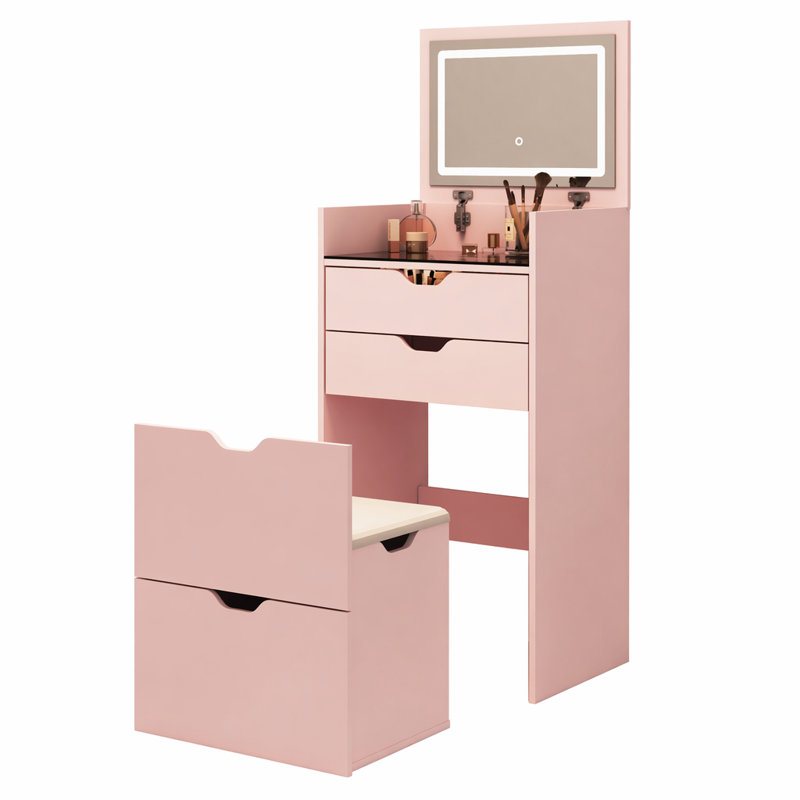 Coiffeuse et tabouret, ensemble de coiffeuse multifonctionnel 3-en-1, comprenant trois modes d'éclairage, miroir HD, deux tiroirs coulissants et tabouret de rangement caché