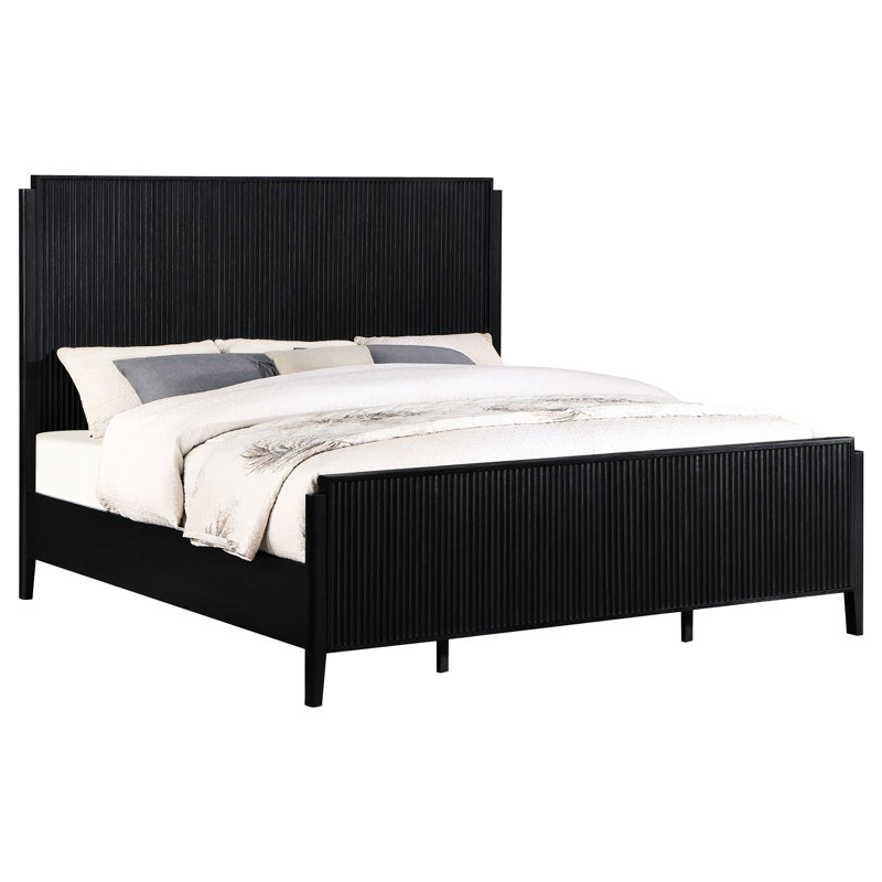 Élégant grand lit noir Mason avec planches carrées complémentaires, textures cannelées et support fiable pour tête de chambre à coucher, détails, base stable