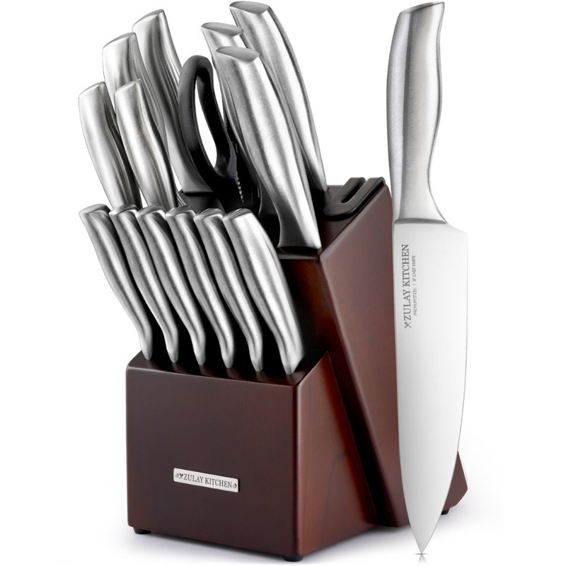 Ensemble de couteaux 15 pièces Zulay Kitchen Premium avec bloc en bois naturel et aiguiseur intégré, Brun foncé, Argent