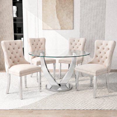 47.2" 5-Piece Modern Round Glass Dining Table Set For 4, Modern Silver Stainless Steel Base Table With Upholstered Velvet Cushioned Chairs, Space-Saving Dining Room Set For Home, Kitchen & Living Room