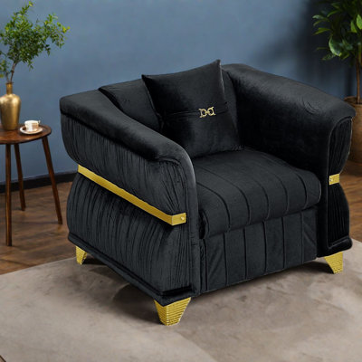 Spacious Modern Sofas, Black Velvet 39.8 Inch Gold Metal Home Accent