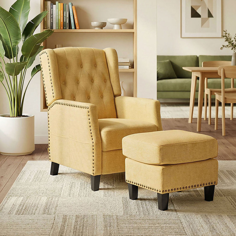 Pushback Reclining Chair Armchair with Footstool, Yellow Chenille