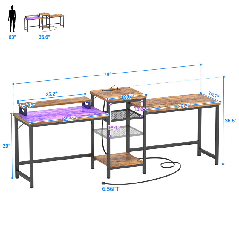 Rectangle Double Computer Desk with LED Strip and Power Outlet, Brown/Black