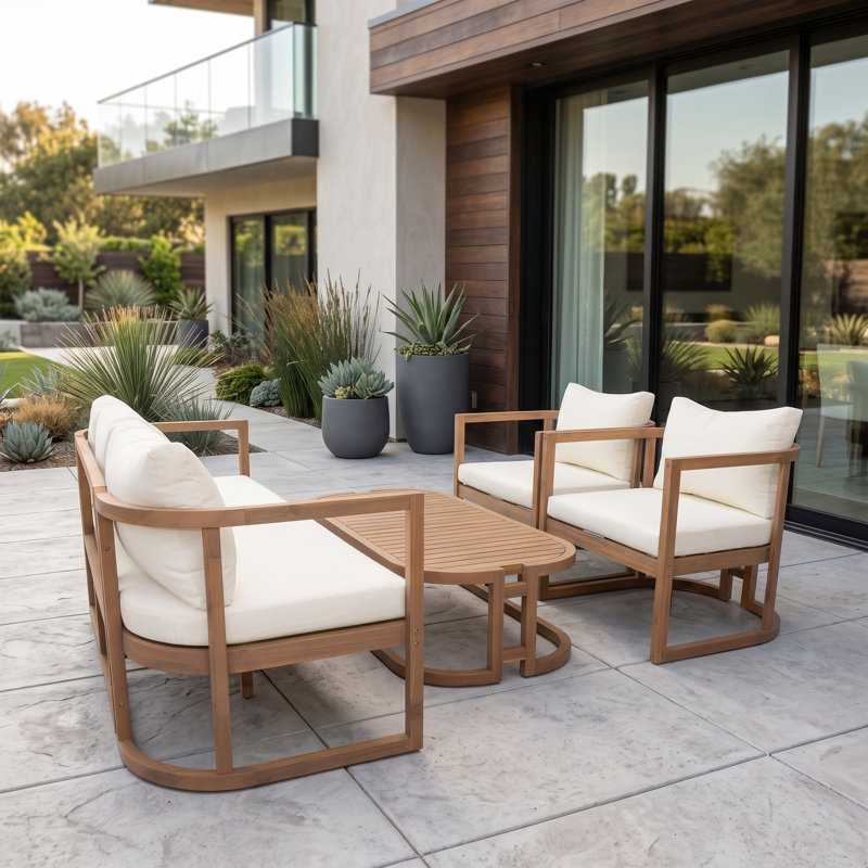 Ensemble de canapé de patio Alano 4 pièces en bois d'acacia avec canapé 3 places, 2 fauteuils et table basse