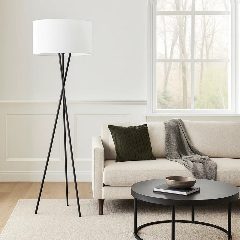 Treo Floor Lamp, Tripod Design, Fabric Drum Shade, 62 Inch, Black, Ivory