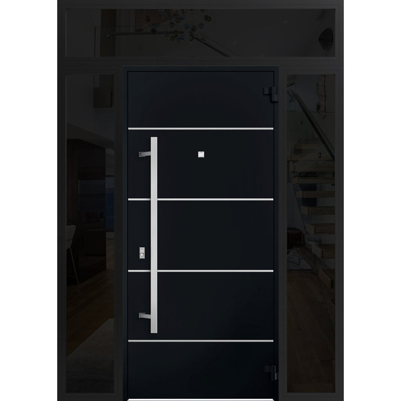 Porte avant en acier pré-suspendue à l'avant / deux portes en émail noir 6083/2 fenêtres latérales et latérales supérieures en acier inoxydable avec entrée en métal peint moderne l 12 + 36 + 12 po x H 80 + 16 po à gauche