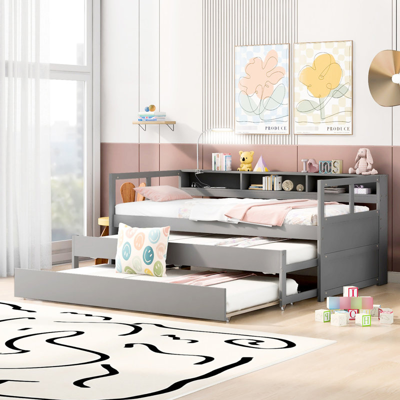 Twin Xl Daybed Gray With 2 Trundles, 3 Storage - & Facility , Charging Included, Gray