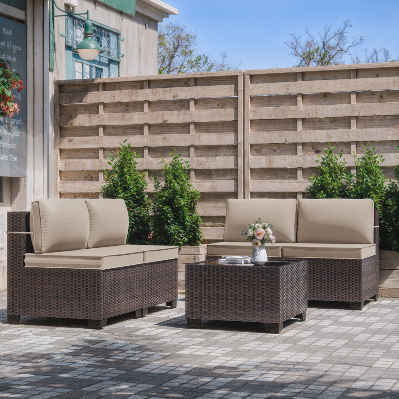 Wicker 4-Person Patio Conversation Sets With Cushions And Coffee Table, Sand