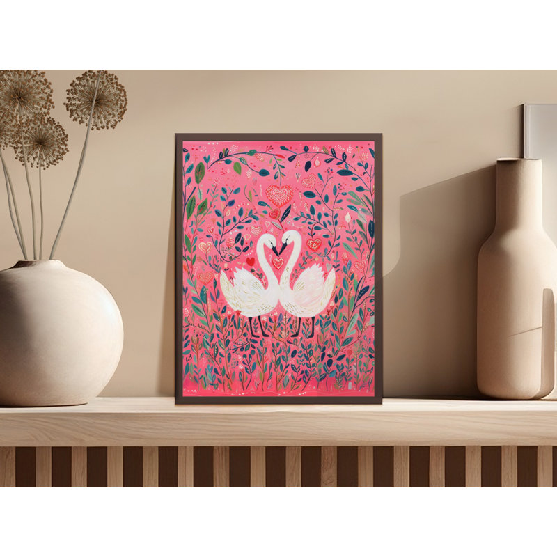 Swan Heart Wall Art, Love Birds Print, Pink Floral Art, Romantic Home Decor, Framed Art, Available in Sizes