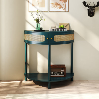 Table de bout unique en demi-lune avec porte coulissante en rotin, console élégante en demi-cercle avec 2 armoires de rangement en rotin et tablette inférieure pour le salon, la chambre à coucher, le bureau, le couloir (vert)