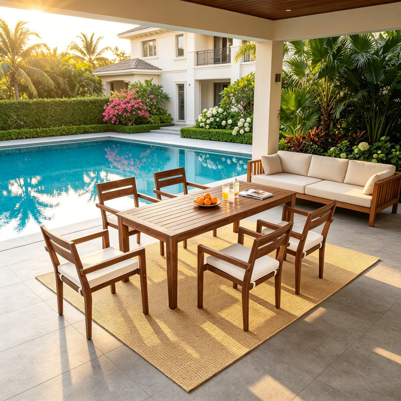 Ensemble repas d'extérieur 7 pièces en bois d'acacia avec coussins, table de patio et 6 chaises, Bois robuste