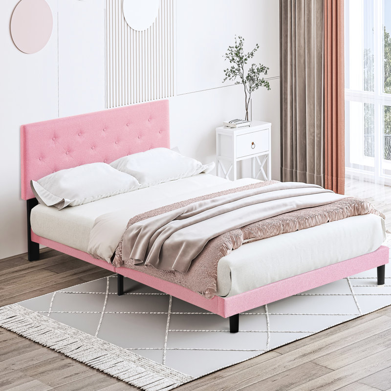 Upholstered Queen Bed In Pink With Headboard - No Box Spring, Easy Assembly, 70.4 Lb Package Weight, 600 Lbs Limit Size Linen Spring Needed, Setup, Modern