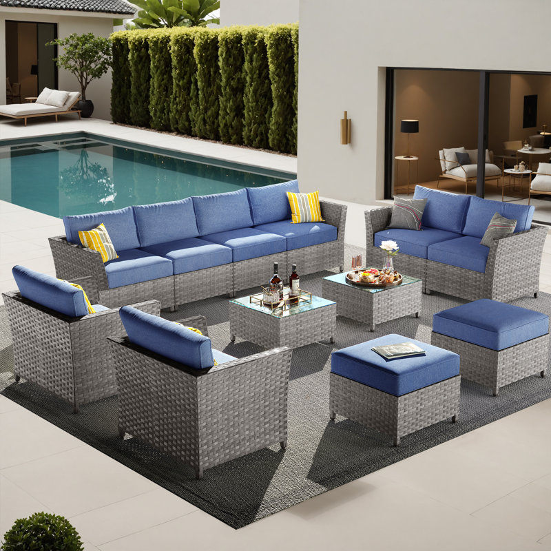Cassville 8 - Person No Assembly Required Outdoor Conversation Set, Patio Wicker Sectional Seating Group with Cushions, All Weather Sofa Set with Optional Fire Pit Table for Garden Backyard