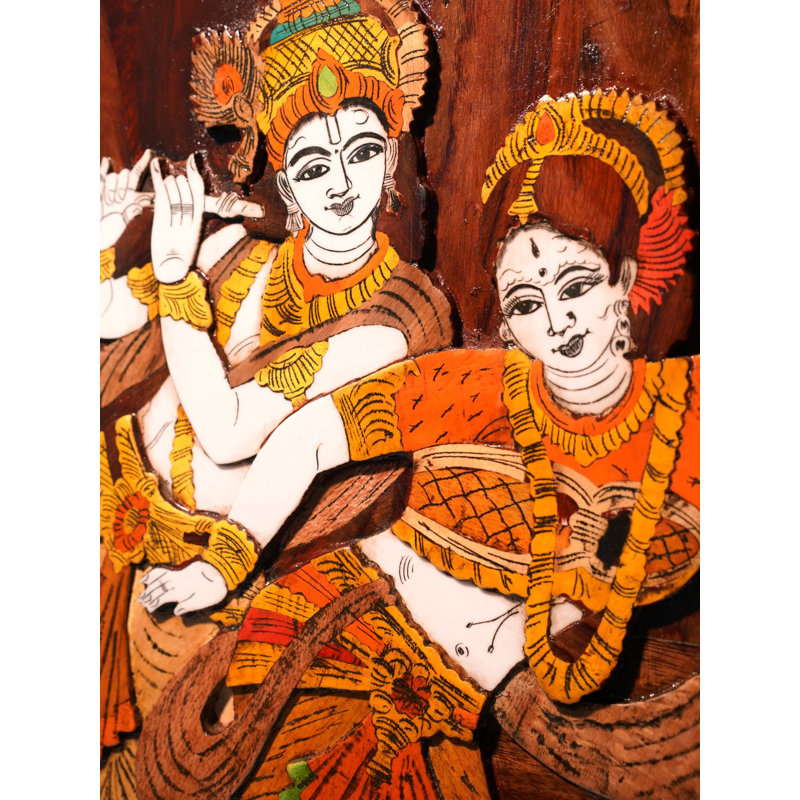 Panneau mural incrusté en bois 31 "dansant de 31" Radha Krishna - art divin fabriqué à la main pour la décoration spirituelle