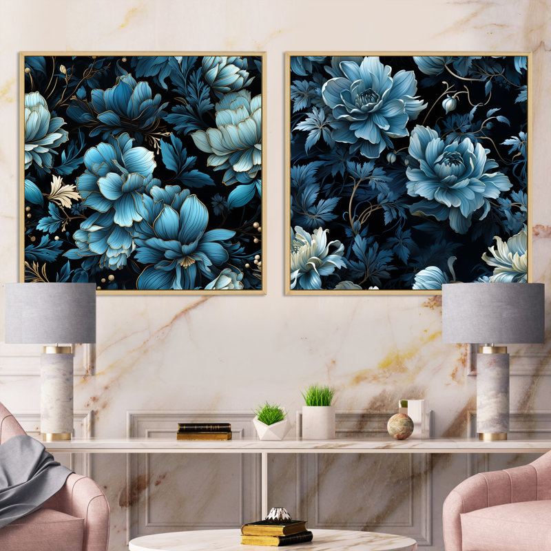 Walsall - Ensemble de 2 collages carrés floraux, H 16 po x l 33 po, Cadre flottant brun
