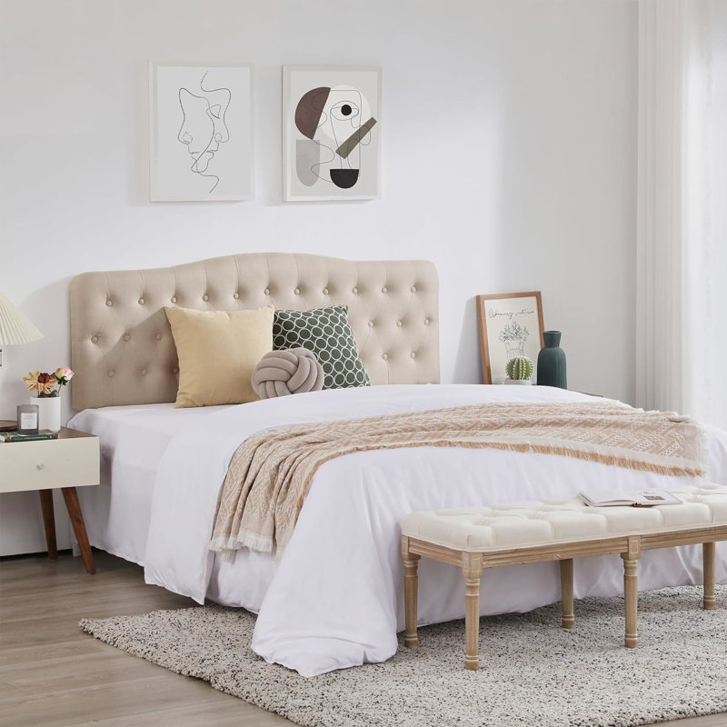 Elegant Arched Upholstered Headboard, Beige Linen, California KIng